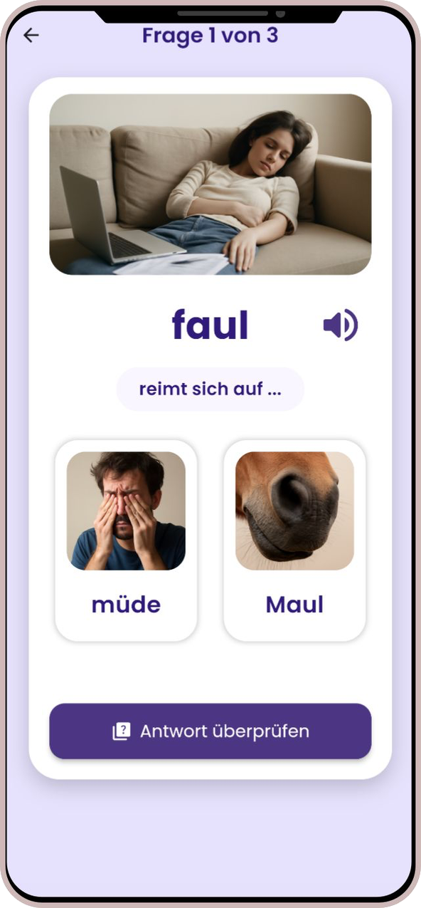 A Milo exercise asking which word rhymes, with pictures and audio support.